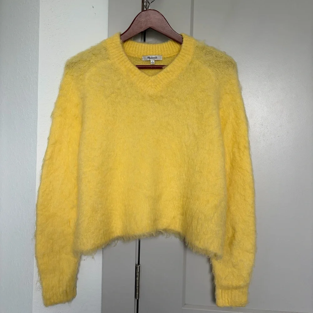 MADEWELL FUZZY BRUSHED VNECK SWEATER HEATHER LEAMON WOMENS SMALL